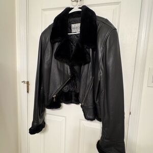 Black Leather Jacket with Faux Fur Trim